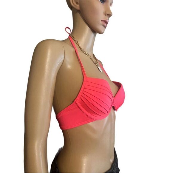 H&M Women's Hot Pink Halter Bikini Top Size 34A Padded Push-Up Adjustable Straps - Picture 2 of 5